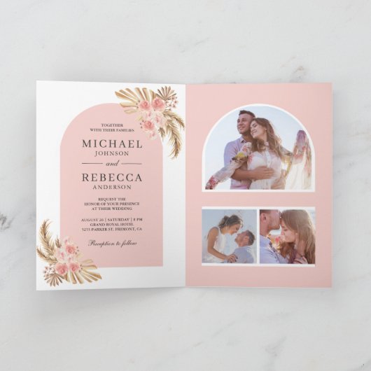 Blush Pink Roses Boho Pampas Arch QR Code Wedding 招待状 (内部)