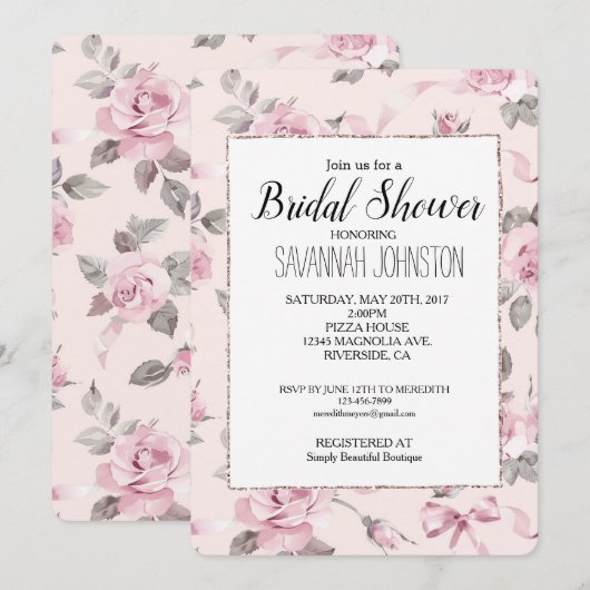 Blush Pink Roses Floral & Bows Bridal Shower 招待状 (正面/裏面)