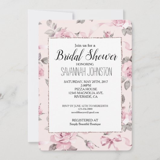 Blush Pink Roses Floral & Bows Bridal Shower 招待状 (正面)