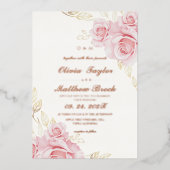 Blush Pink Roses Flowers Wedding 箔招待状 (正面)