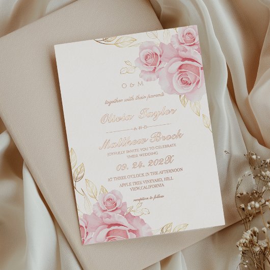 Blush Pink Roses Flowers Wedding 箔招待状