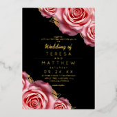 Blush Pink Roses Gold Foil Black Modern Wedding 箔招待状 (正面)