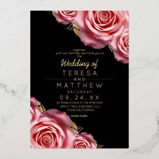 Blush Pink Roses Gold Foil Black Modern Wedding  箔招待状 (正面)