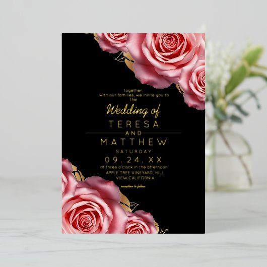 Blush Pink Roses Gold Foil Black Modern Wedding 箔招待状 (立ち正面)