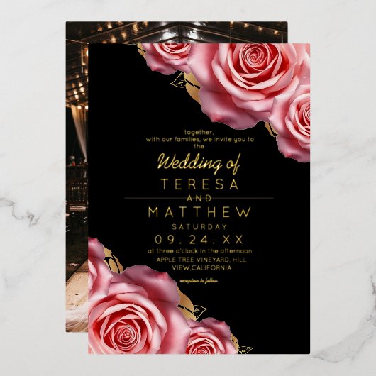 Blush Pink Roses Gold Foil Black Modern Wedding 箔招待状 (正面/裏面)