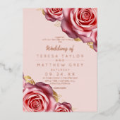 Blush Pink Roses Gold Foil Modern Wedding  箔招待状 (正面)