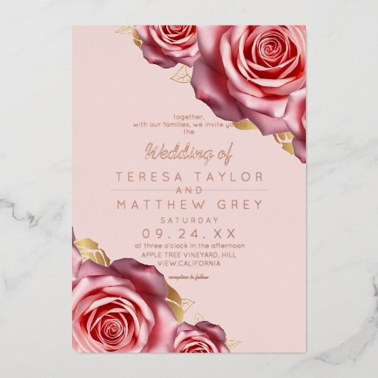 Blush Pink Roses Gold Foil Modern Wedding  箔招待状 (正面)