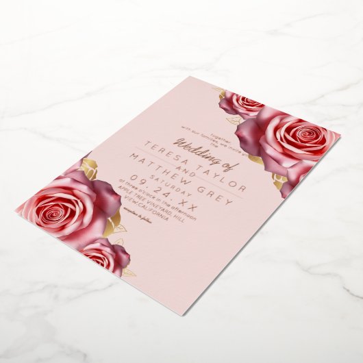 Blush Pink Roses Gold Foil Modern Wedding  箔招待状 (回転した状態)