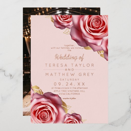 Blush Pink Roses Gold Foil Modern Wedding  箔招待状 (正面/裏面)