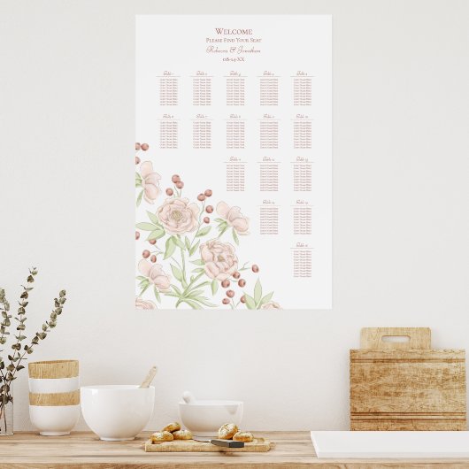 Blush Pink Roses Modern Wedding Seating Chart ポスター (キッチン)