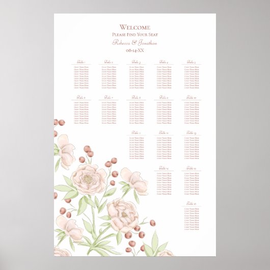 Blush Pink Roses Modern Wedding Seating Chart ポスター (正面)