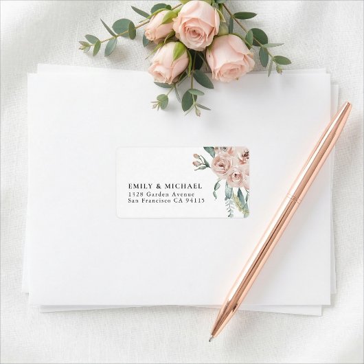 Blush Pink Roses Romantic Wedding Return Address ラベル