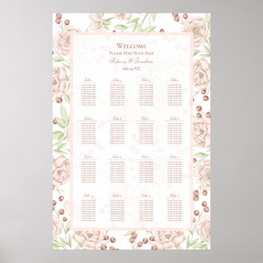 Blush Pink Roses Vintage Wedding Seating Chart ポスター (正面)