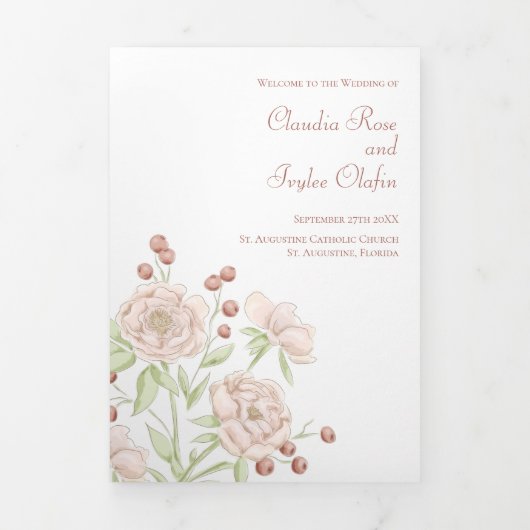 Blush Pink Roses Wedding Programs Modern 三つ折りプログラム (カバー)