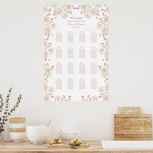 Blush Pink Roses Wedding Seating Chart ポスター (キッチン)