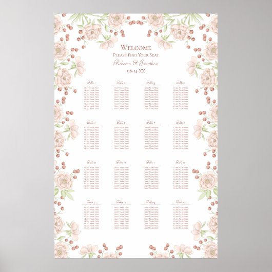 Blush Pink Roses Wedding Seating Chart ポスター (正面)