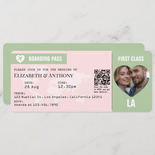 Blush Pink & Sage Green Boarding Pass Wedding 招待状 (正面/裏面)