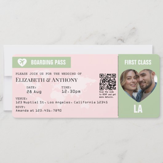 Blush Pink & Sage Green Boarding Pass Wedding 招待状 (正面)