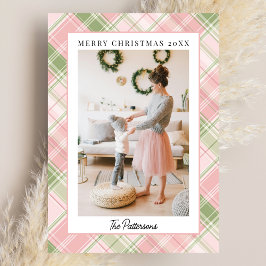 Blush Pink & Sage Green Plaid Photo Christmas シーズンカード