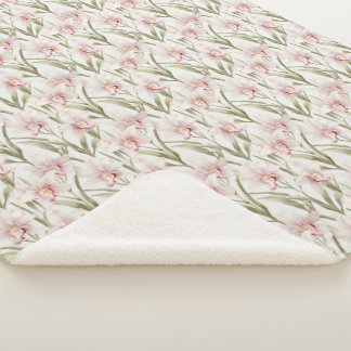 Blush Pink & Sage Orchid Flowers Sherpa Blanket シェルパブランケット
