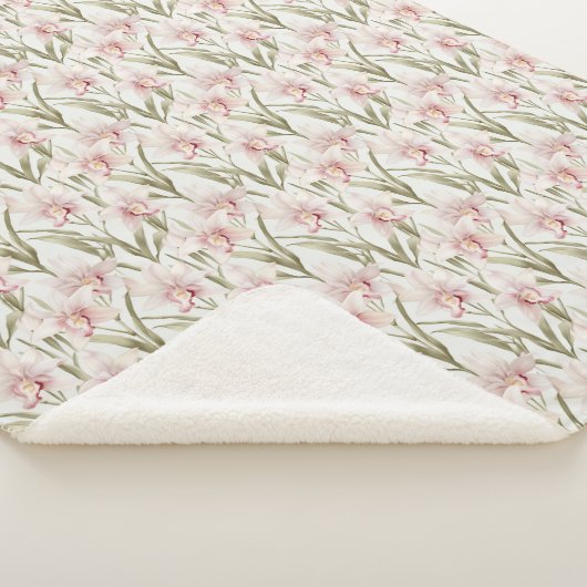 Blush Pink & Sage Orchid Flowers Sherpa Blanket シェルパブランケット (3/4)