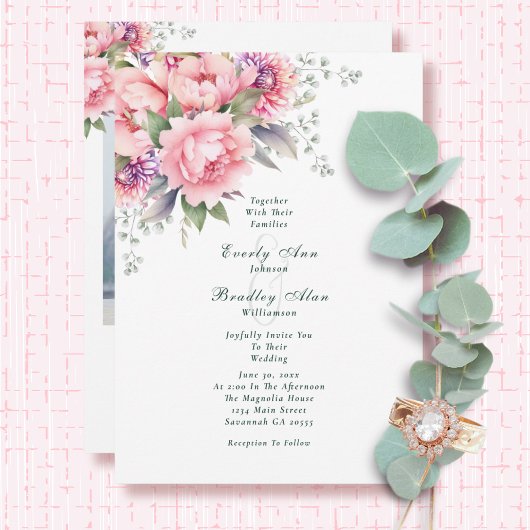Blush Pink Sage Watercolor Floral Photo Wedding   招待状