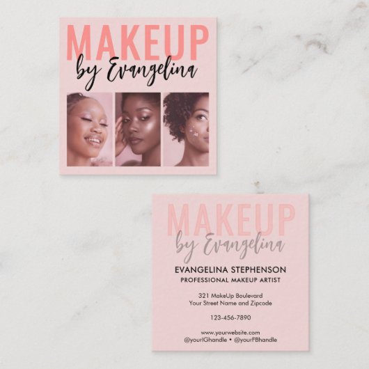 Blush Pink Script 3 Photo Makeup スクエア名刺 (正面/裏面)
