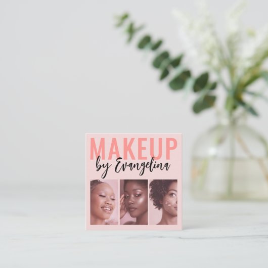 Blush Pink Script 3 Photo Makeup スクエア名刺 (スタンド正面)
