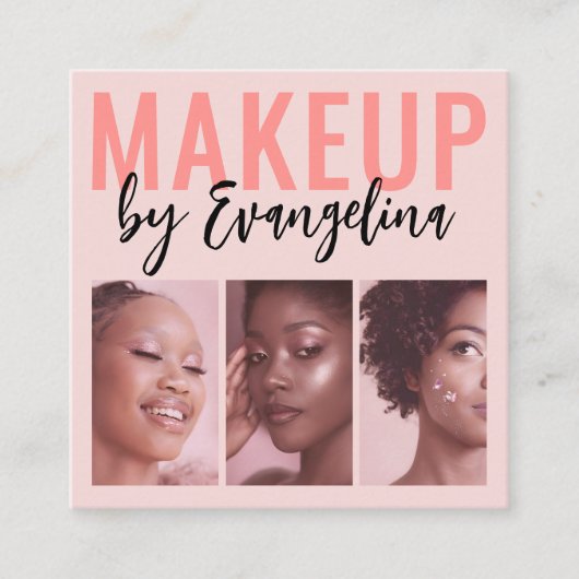 Blush Pink Script 3 Photo Makeup スクエア名刺 (正面)