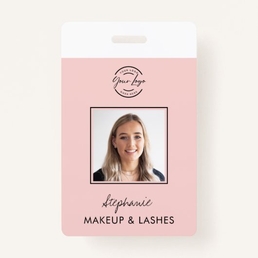 Blush Pink Script Logo Employee ID Photo Makeup バッジ (正面)
