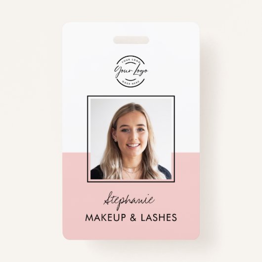 Blush Pink Script Logo Employee Photo ID Makeup バッジ (正面)