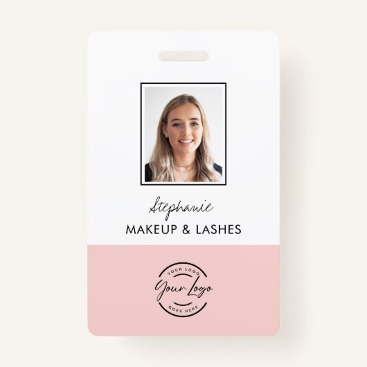 Blush Pink Script Logo Employee Photo Makeup バッジ (正面)