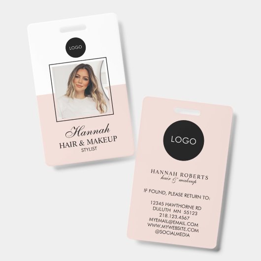 Blush Pink Script Logo Hair Photo Makeup バッジ (Front & Back)