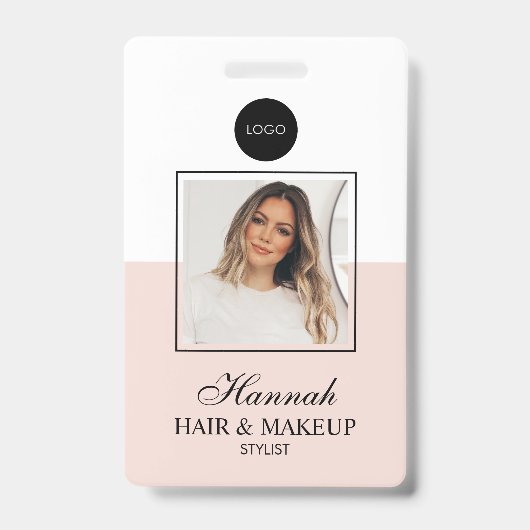 Blush Pink Script Logo Hair Photo Makeup バッジ (Front)