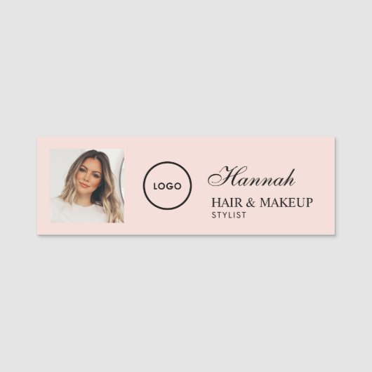 Blush Pink Script Logo Photo Hair Makeup 名札 (正面)