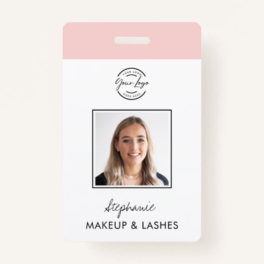 Blush Pink Script Logo Photo Makeup Employee ID バッジ (正面)