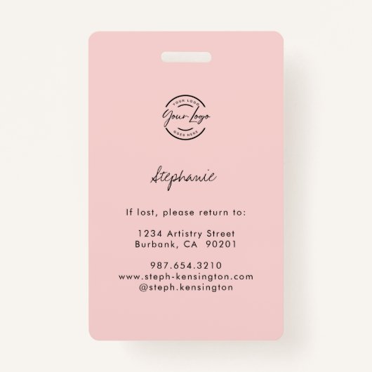 Blush Pink Script Logo Photo Makeup Employee ID バッジ (裏面)