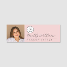 Blush Pink Script Logo Photo Makeup Name Tag 名札