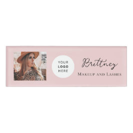 Blush Pink Script Logo Photo Makeup Name Tag 名札