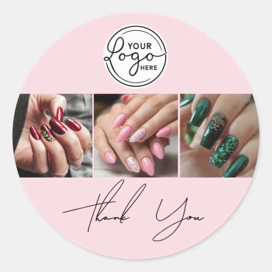 Blush Pink Script Logo Photo Nail Salon Thank You  ラウンドシール (正面)