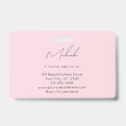 Blush Pink Script Logo Photo Nail Technician バッジ (裏面)