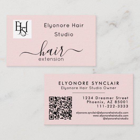Blush Pink Script Logo QR Code Hair Extension 名刺 (正面/裏面)