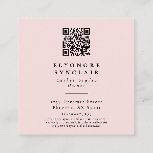 Blush Pink Script Logo QR Code Lashes スクエア名刺 (裏面)