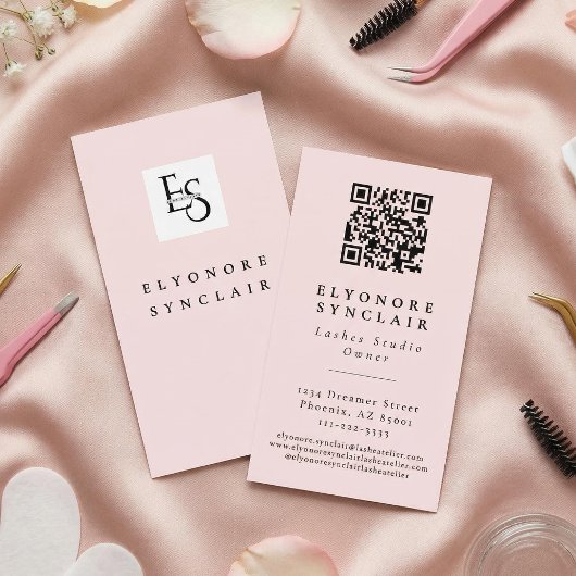 Blush Pink Script Logo QR Code Lashes 名刺