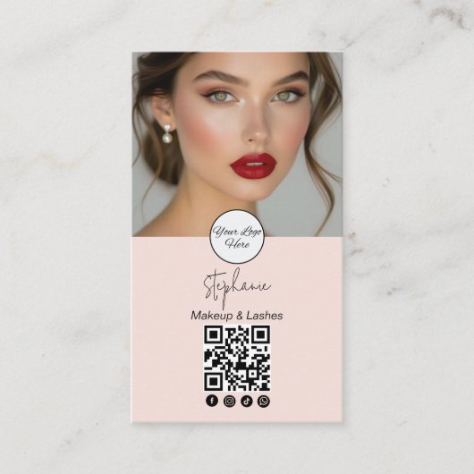Blush Pink Script Logo QR Code Photo Business Card 名刺 (正面)