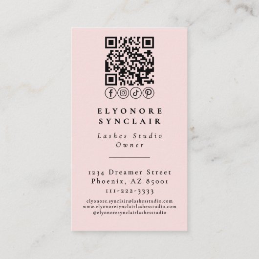 Blush Pink Script Logo QR Code Photo Lashes 名刺 (裏面)