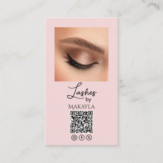 Blush Pink Script Logo QR Code Photo Lashes 名刺 (正面)