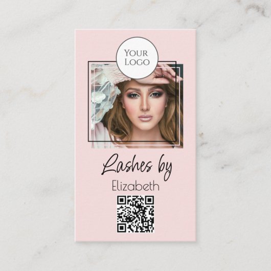 Blush Pink Script Logo QR Code Photo Lashes 名刺 (正面)