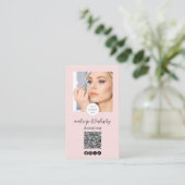 Blush Pink Script Logo QR Code Photo Lashes Makeup 名刺 (スタンド正面)