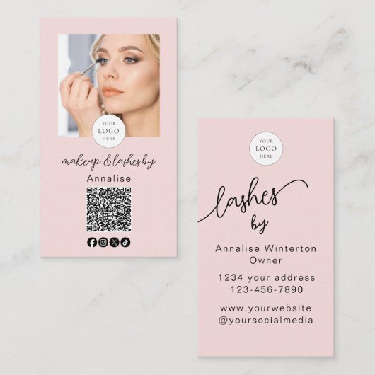 Blush Pink Script Logo QR Code Photo Lashes Makeup 名刺 (正面/裏面)